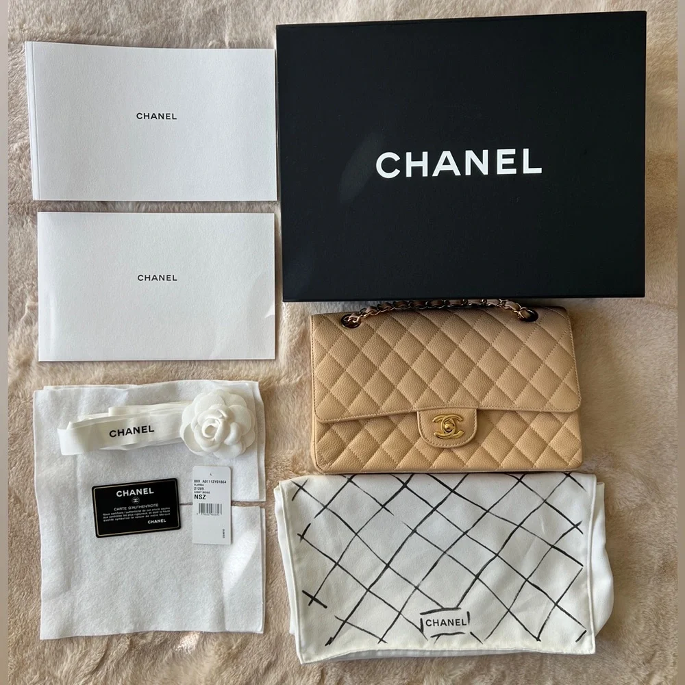 CHANEL Caviar Quilted Medium Double Flap Beige with golden hardware